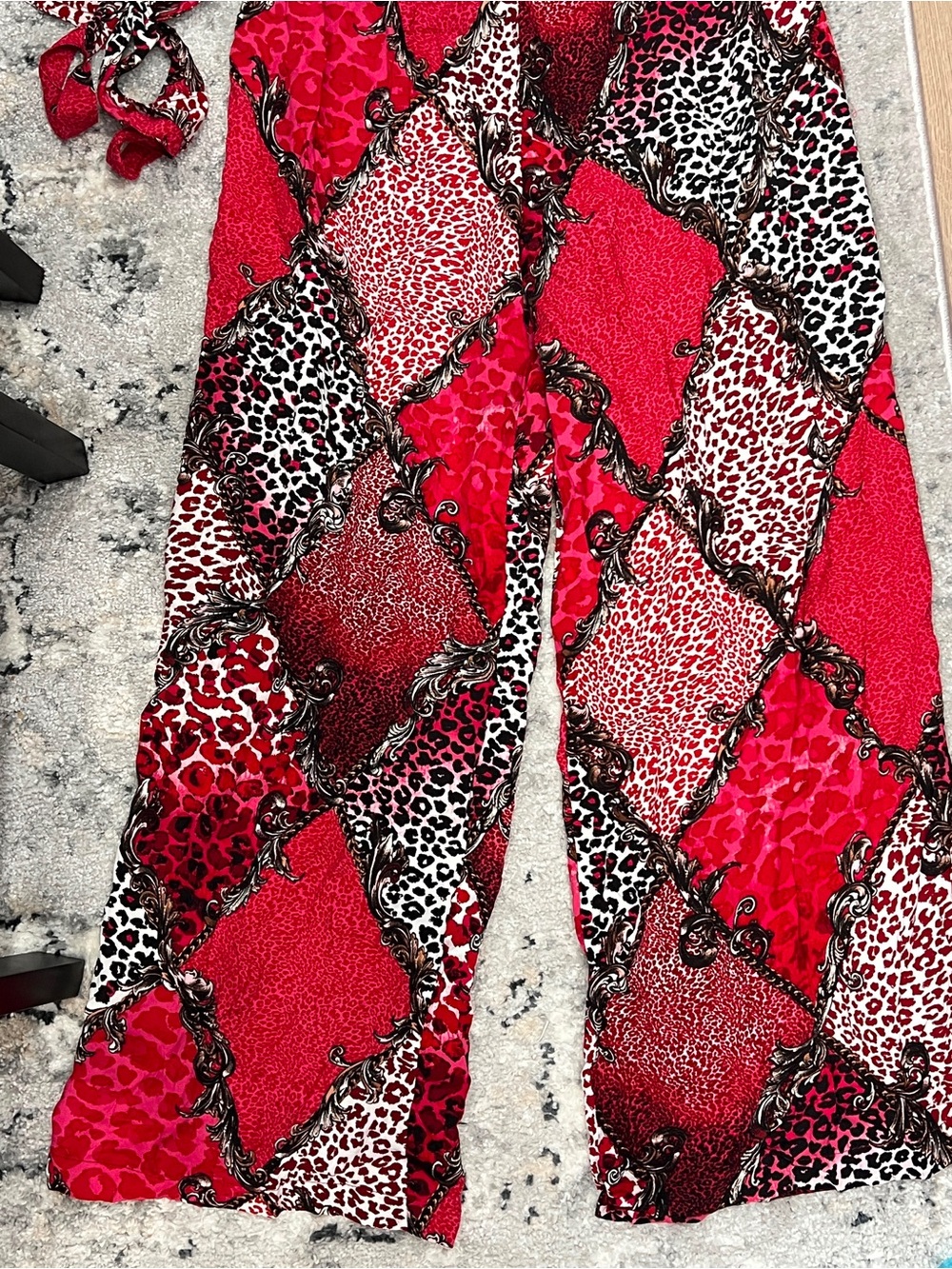 Source Unknown Red Leopard Patchwork Wide-Leg Pants